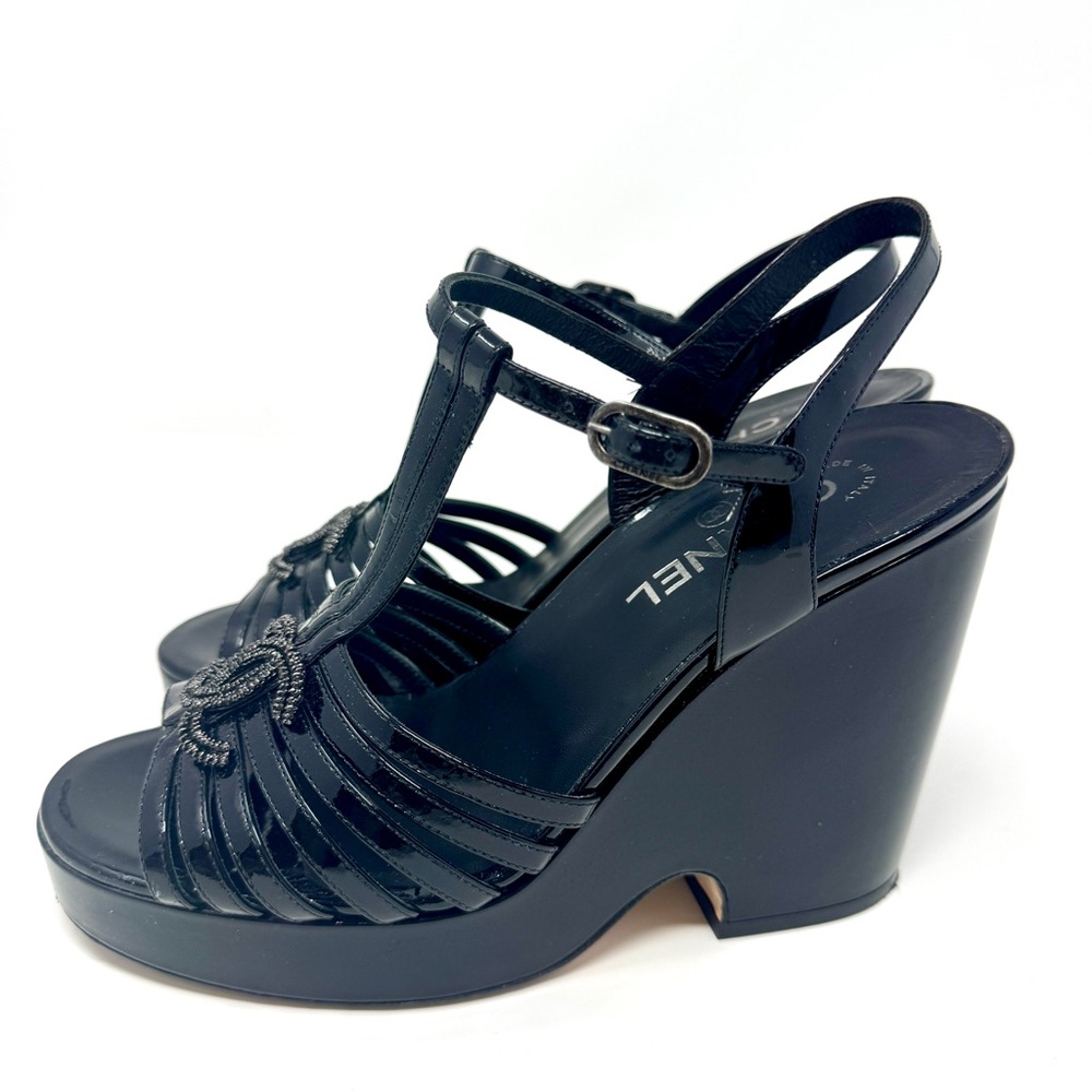 Chanel Black Patent Leather T-Strap CC Logo Wedge Platform Sandals - Picture 9 of 15